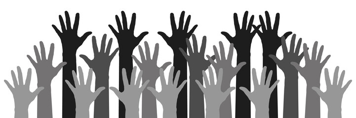 Obraz premium Hands raised in the air silhouettes, symbolizing voting, support, applause, questions, or solidarity. Hand-drawn colorful illustration. 