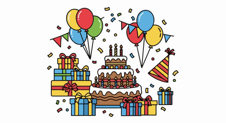 Fototapeta premium Colorful birthday celebration with balloons, cake, gifts, confetti, and party hat