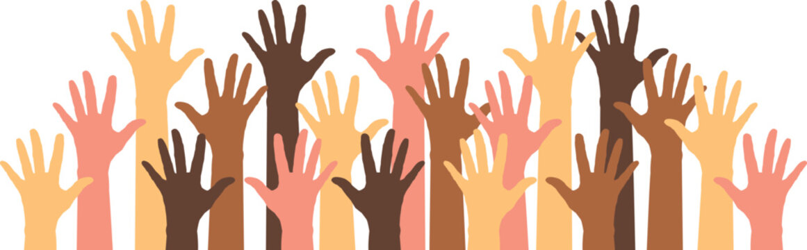 Hands raised in the air, symbolizing voting, support, applause, questions, or solidarity. Hand-drawn colorful vector illustration. 