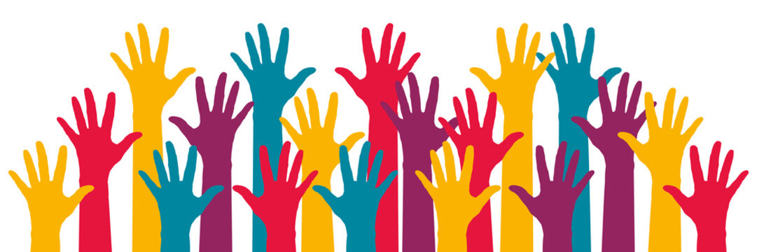 Colorful hands raised in the air, symbolizing voting, support, applause, questions, or solidarity. Hand-drawn colorful illustration. 