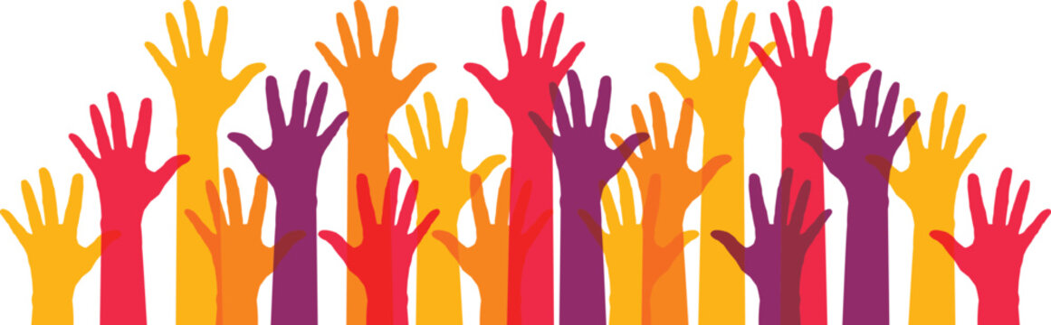 Colorful hands raised in the air, symbolizing voting, support, applause, questions, or solidarity. Hand-drawn colorful vector illustration. 