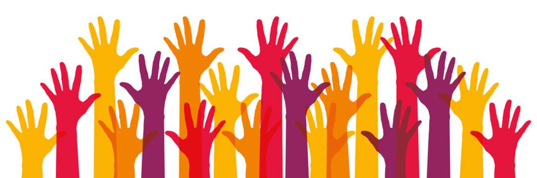 Colorful hands raised in the air, symbolizing voting, support, applause, questions, or solidarity. Hand-drawn colorful illustration. 