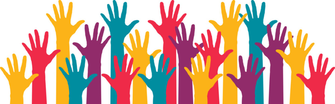 Colorful hands raised in the air, symbolizing voting, support, applause, questions, or solidarity. Hand-drawn colorful vector illustration. 