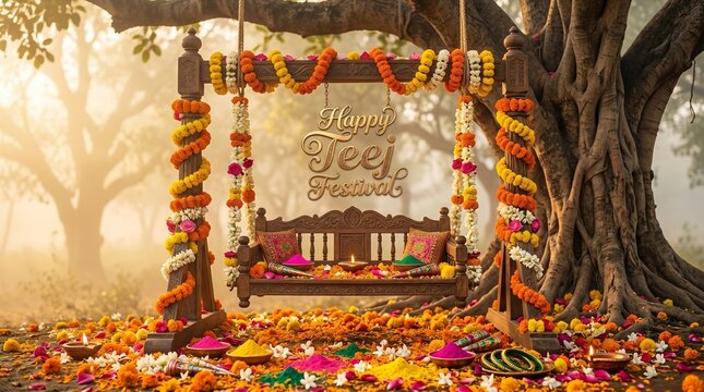 ​An evocative, close-up shot of a wooden swing suspended from an old tree trunk, wrapped in vibrant orange marigold garlands. The ground is a plush sea of scattered marigold petals. Golden morning mis
