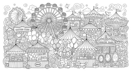 Fototapeta premium Detailed black and white illustration of a bustling amusement park scene.