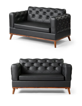 Presentation layout of a premium black leather tufted sofa from front and perspective angles, isolated on a white background.