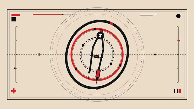 Drafting compass rotating to draw geometric shapes on technical grid