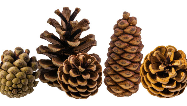 Assortment of four pine cones with varied shapes and textures
