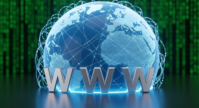 Digital world globe with glowing internet domain address on futuristic data background