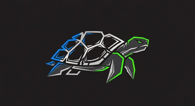 A powerful and swift modern geometric turtle logo, rendered with dynamic split colors, embodying digital innovation and resilient design for a unique brand identity