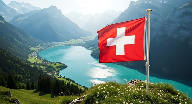 Swiss flag waving on mountain peak overlooking alpine lake and green valley in clear summer day