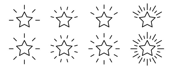Obraz premium Set of star line icons with radiating light rays. Simple black outline symbols for rating, design element and graphic decoration. Minimalist collection starburst. Vector illustration