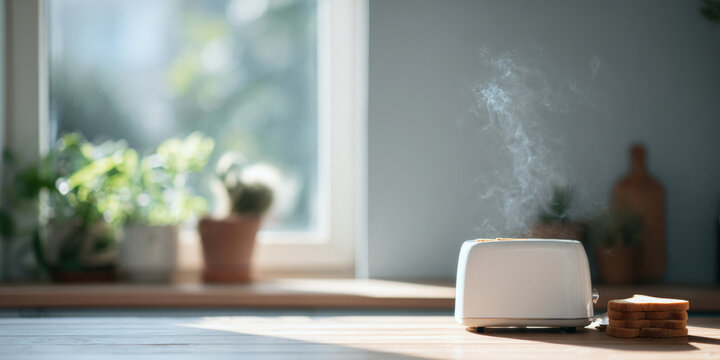 Steaming toaster with bread slices indoors