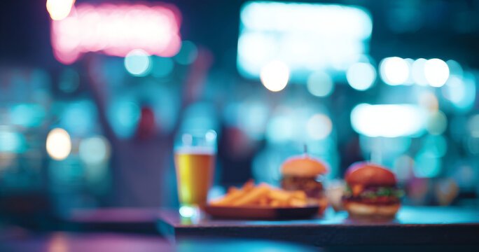 Blurred background with burgers and beer