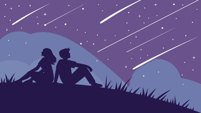 Perseid starfall with silhouette couple watching meteor shower under night sky on grassy hill