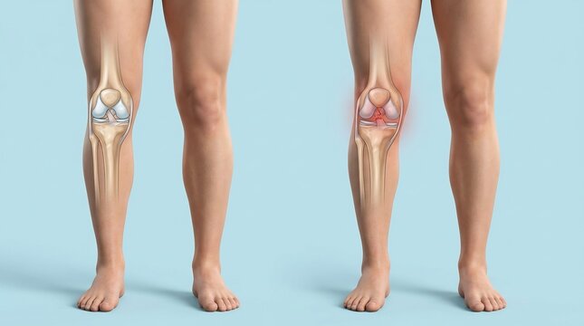 Medical illustration comparing a healthy knee joint anatomy with a torn anterior cruciate ligament showing inflammation