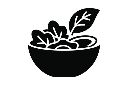 Minimalist black and white vector illustration of a ceramic bowl filled with fresh salad leaves and sliced vegetables showcasing a clean healthy eating lifestyle and vegetarian diet concept