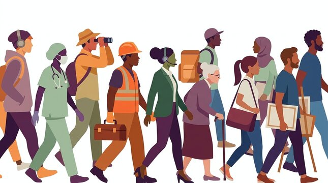 Diverse group of people from different professions walking together