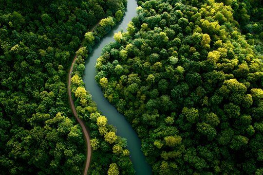 An aerial view of a winding river flowing through a dense, vibrant green forest. The lush canopy of trees creates a stunning natural landscape, with a narrow path running alongside the river