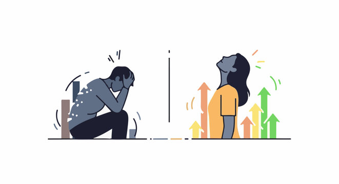 Contrasting depictions despair vs. triumph with upward arrows