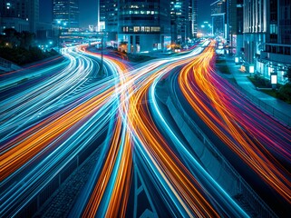 Fototapeta premium Busy city traffic at night with bright light trails showing movement on the highway
