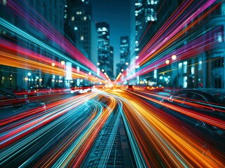Fototapeta premium City streets are filled with light trails from moving cars during a busy night in an urban setting