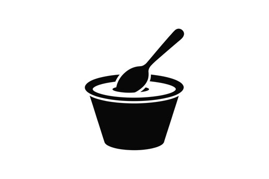Clean black and white graphic design of a yogurt bowl icon with a spoon dipping inside representing healthy breakfast snacks organic dairy products soup serving and kitchen cooking food