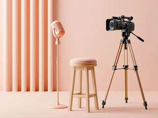 Space set up for video recording with microphone and camera placed against pink background at studio © alphaspirit