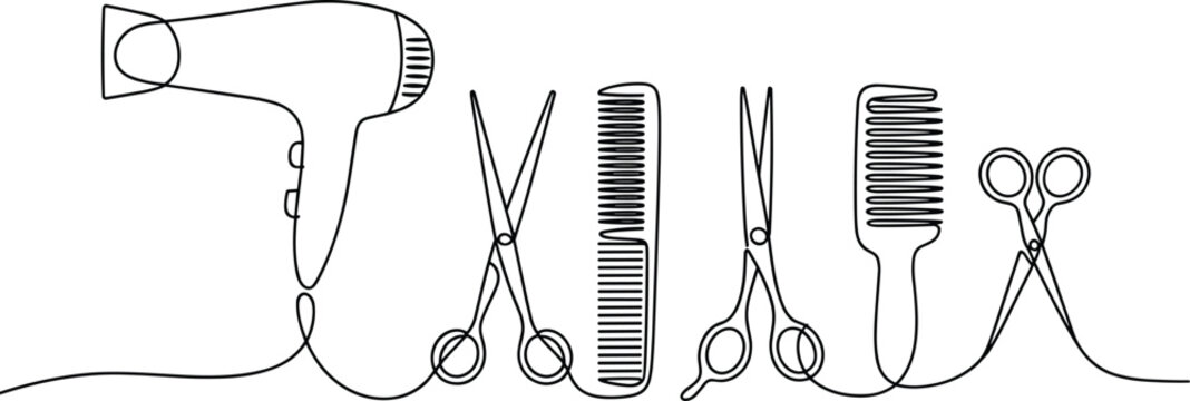 Modern continuous line art illustration of salon tools featuring a hair dryer and scissors on a bright white background.
