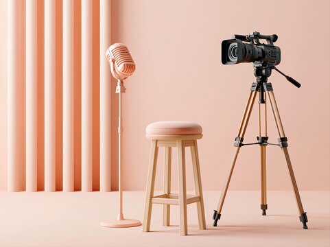 Space set up for video recording with microphone and camera placed against pink background at studio