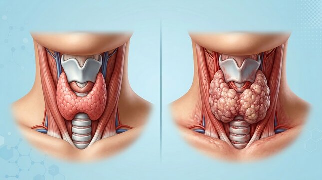 Comparison of healthy and inflamed thyroid gland in human neck anatomy, medical 3D illustration