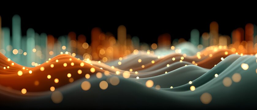 An abstract representation of data flowing like waves, with glowing orbs and streaks of light against a dark background