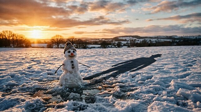 Conceptual Illustration of a Tiny Melting Snowman Casting a Long Human Shadow at Winter Sunset