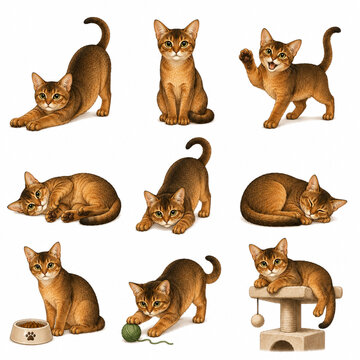 Abyssinian Cat Vector Set in 9 Natural Poses, Cute Abyssinian Kitten Collection Isolated on White Background