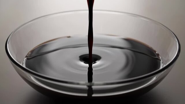 A close-up shot depicts a stream of dark liquid being poured into a clear glass bowl, creating concentric ripples and a visually appealing pattern against a neutral background.