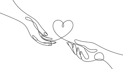 Minimalist one line art of hands forming a heart symbol, showing love and unity with bright lighting on a white background. ©  Victory Pixel