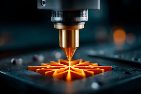 A CNC laser engraver precisely cuts a star-shaped pattern into an orange material, highlighting modern industrial technology and precision engineering