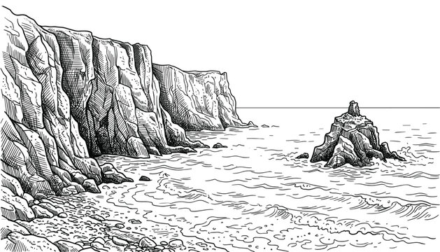 Cliffside seascape with sea stack and rough water graphic illustration in vintage sketch style.