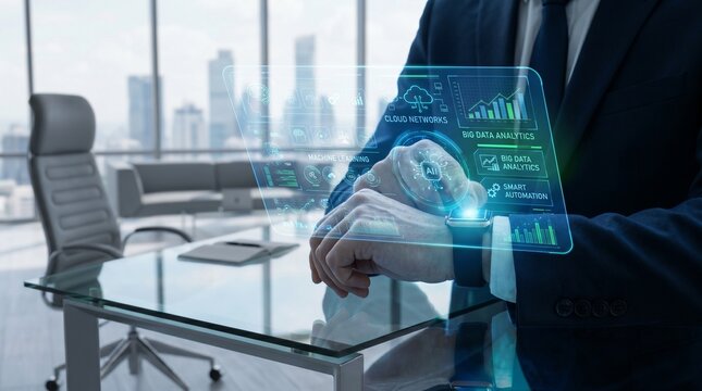 Business professional using a holographic artificial intelligence dashboard displaying cloud networks, machine learning analytics, big data insights, and smart automation technologies.
