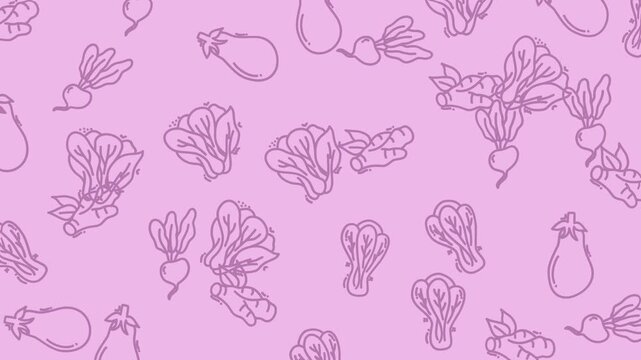 Versatile purple background with line art veggies like eggplants, cabbages, radishes, and ginger roots. Perfect for foodthemed designs and packaging.
