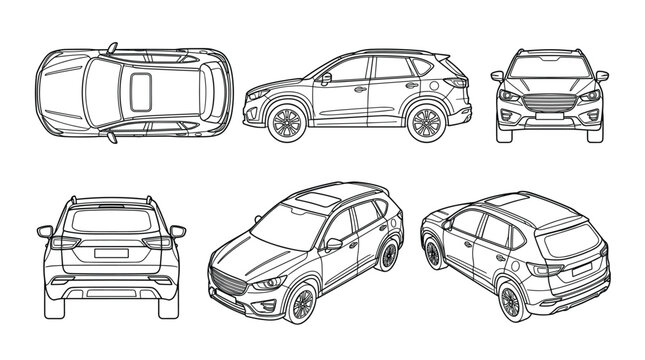 Line art vector of modern SUV car from multiple angles on transparent background for automotive design and transport.