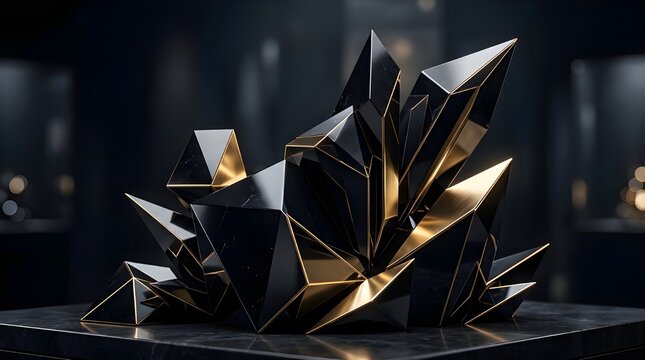 Luxury Black and Gold Crystal Cluster Abstract Mineral Sculpture on Dark Background