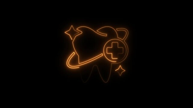 Neon Tooth with Medical Cross and Stars on Black Background dental glowing tooth