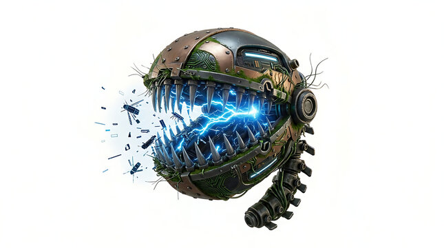 Futuristic Bio-Mechanical Orb with Glowing Blue Energy and Sharp Teeth