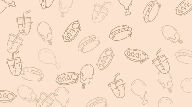 Doodles of chicken drumsticks, ice cream cones, burgers, and drink cups in repeating patterns. Perfect for foodthemed projects.