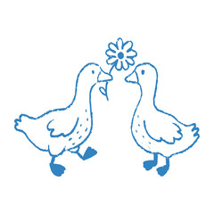 Cute hand drawn geese holding flower in minimalist blue vector sketch style © Kristina