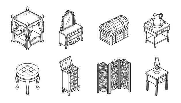 Vintage furniture vector objects antique bed dresser chest pitcher stool screen lantern transparent background illustration.