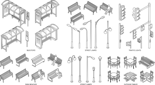Isometric vector objects collection bus stops park benches street lamps traffic lights outdoor tables transparent background.