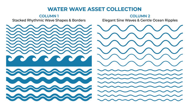 Blue water wave shapes and borders vector collection on transparent background for design.