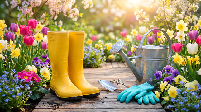 Yellow rubber boots with metal watering can and garden tools standing on a wooden path surrounded by colorful spring flowers in a sunny backyard garden